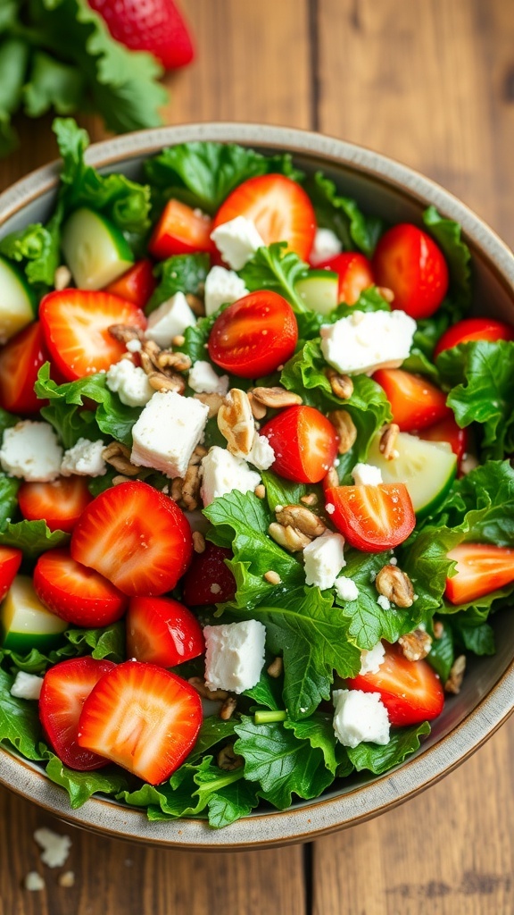 A refreshing kale summer salad with cherry tomatoes, cucumber, strawberries, feta cheese, and nuts in a rustic bowl.